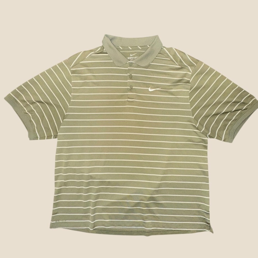 Nike Dri-FIT Mens XL Olive Green Striped Golf Polo Shirt Short Sleeve Swoosh